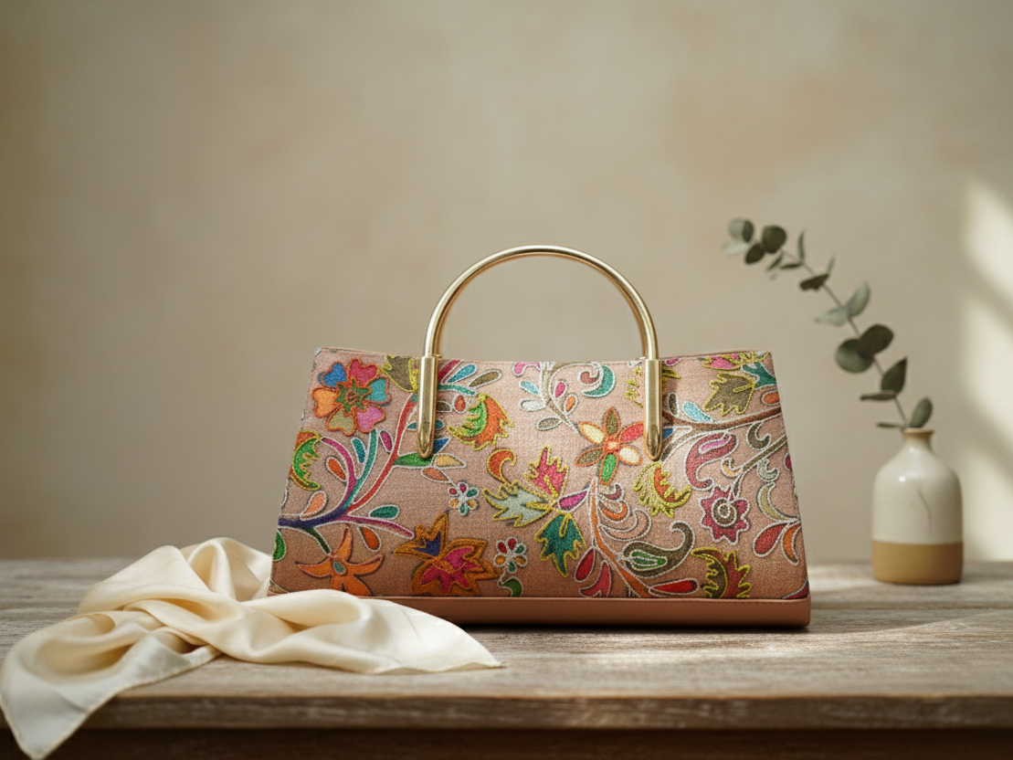 Elegant Kashmiri Embroidered Floral Handbag with Gold-Tone Metal Handles