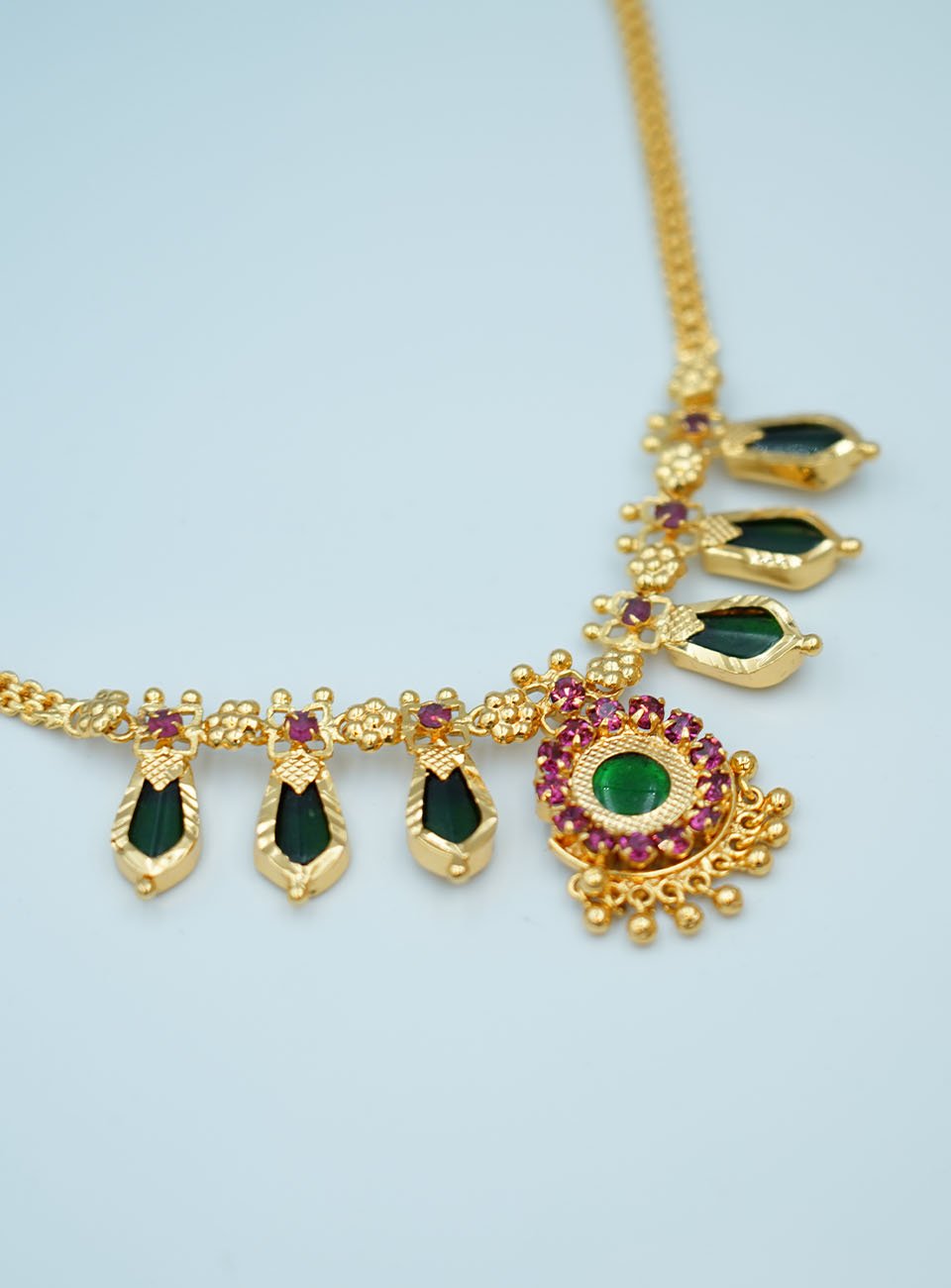 Traditional Gold-Plated Necklace with Emerald Green and Ruby Red Stones – Ethnic Festive Jewelry for Women