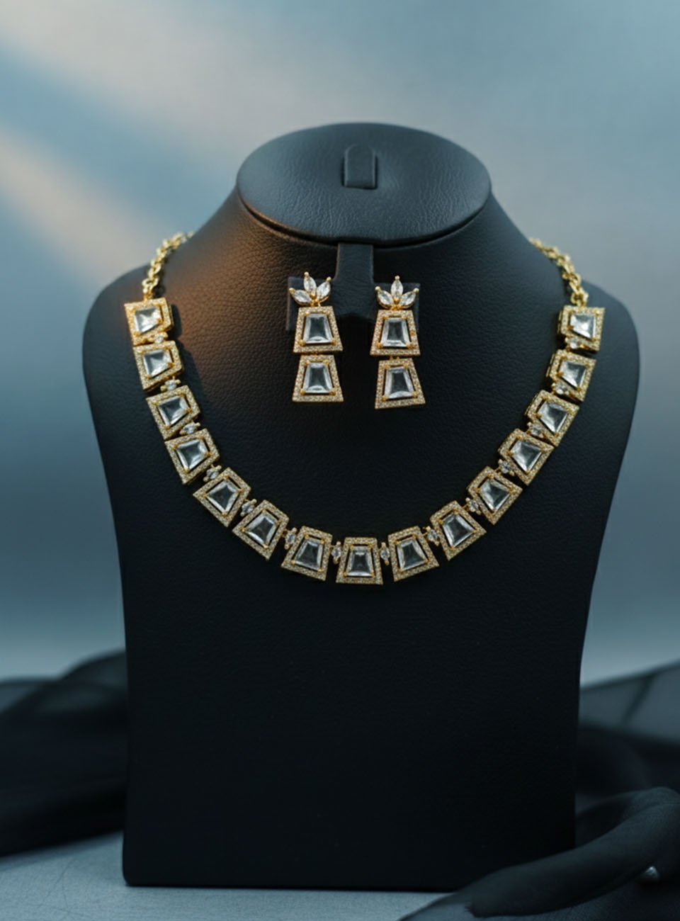 Elegant Gold-Plated Geometric Polki Necklace Set with Matching Drop Earrings – Clear Stone Inlay