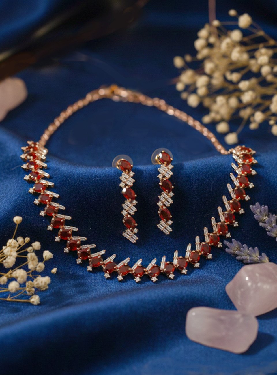 Luxury Rose Gold Plated Jewelry Set with Deep Red Garnet-Style Stones and Baguette Zirconia – Necklace & Drop Earrings