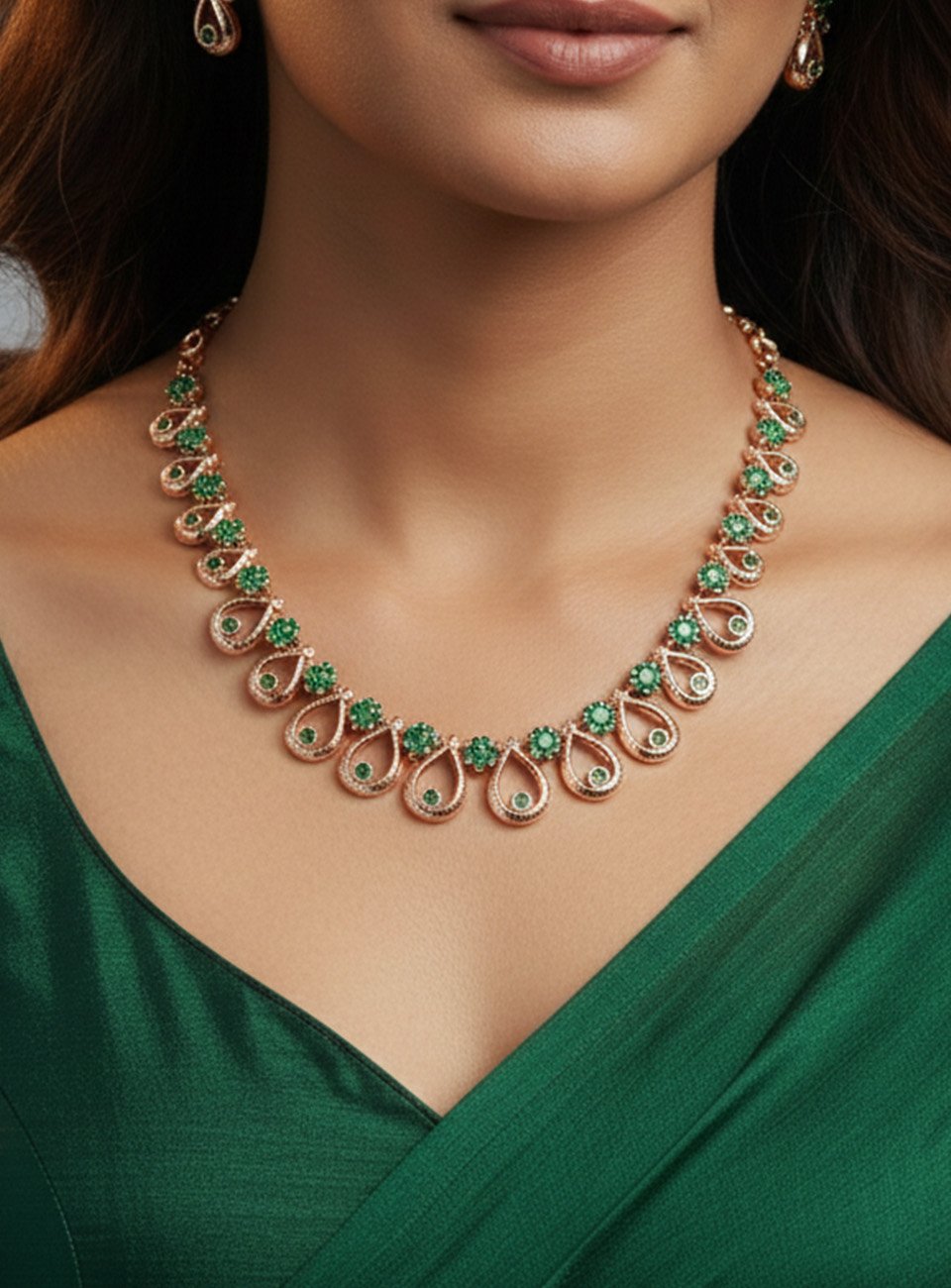 Elegant Floral & Teardrop Jewelry Set with Green Accents in Rose Gold Finish - Necklace & Earrings