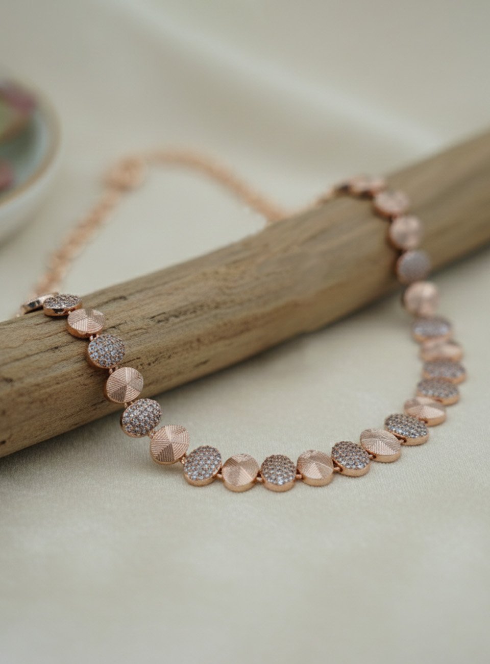 Contemporary Full Pavé Zirconia Disc Collar Necklace in Rose Gold Finish