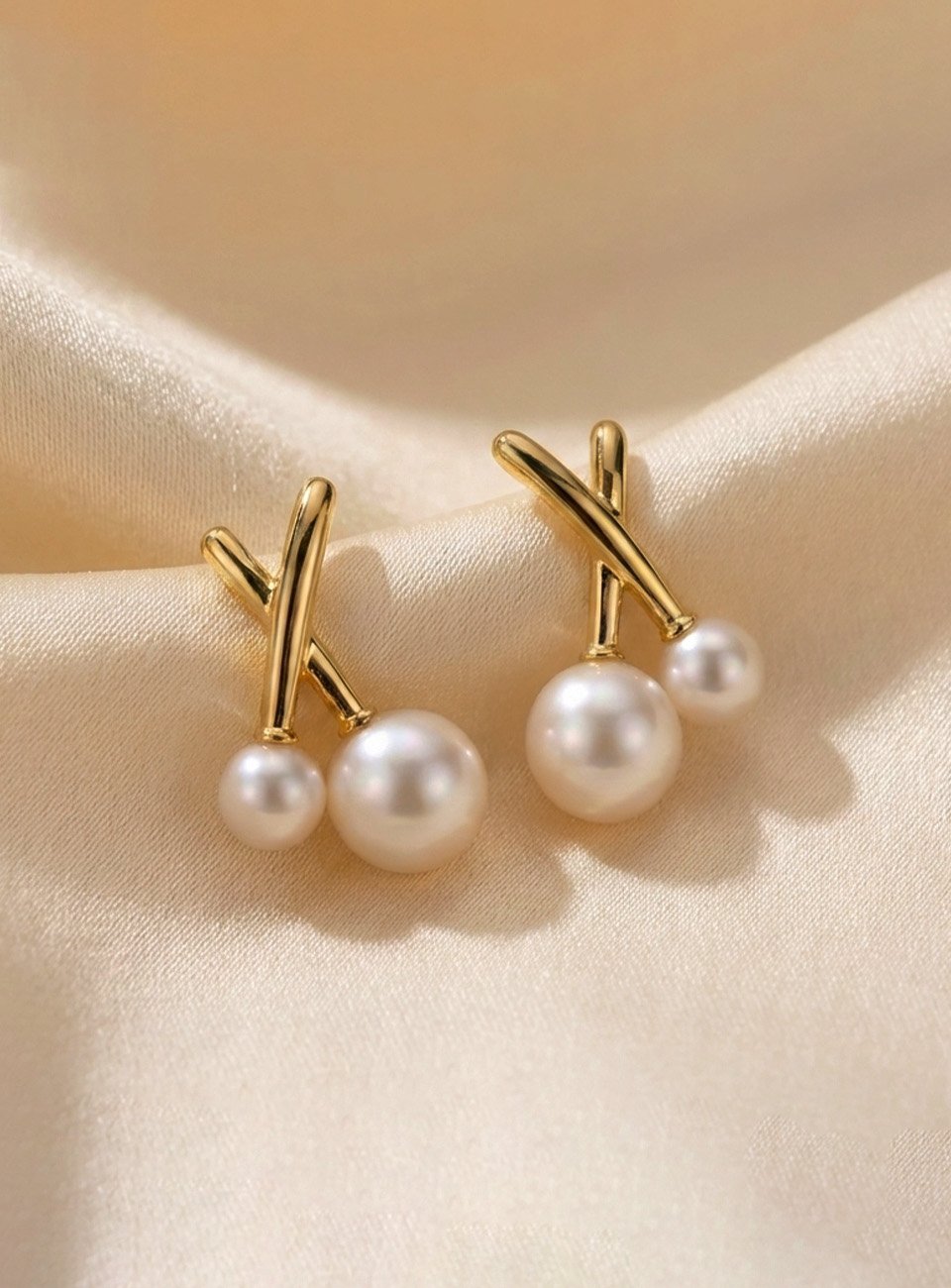 Modern X-Shape Double Pearl Stud Earrings