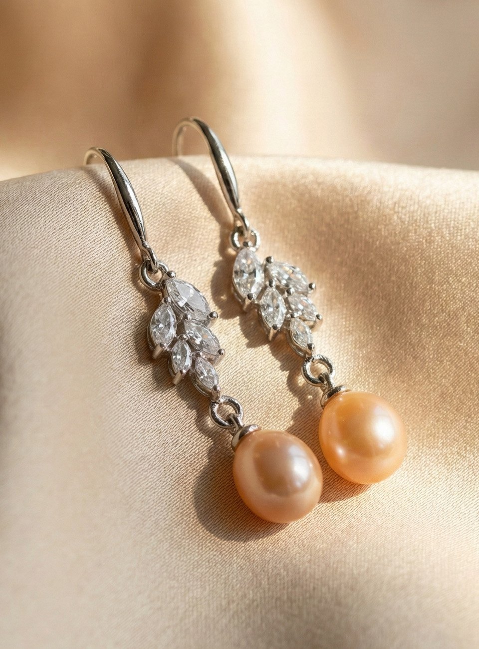 Elegant Champagne Pearl Drop Earrings with Marquise Crystal Leaf Accents