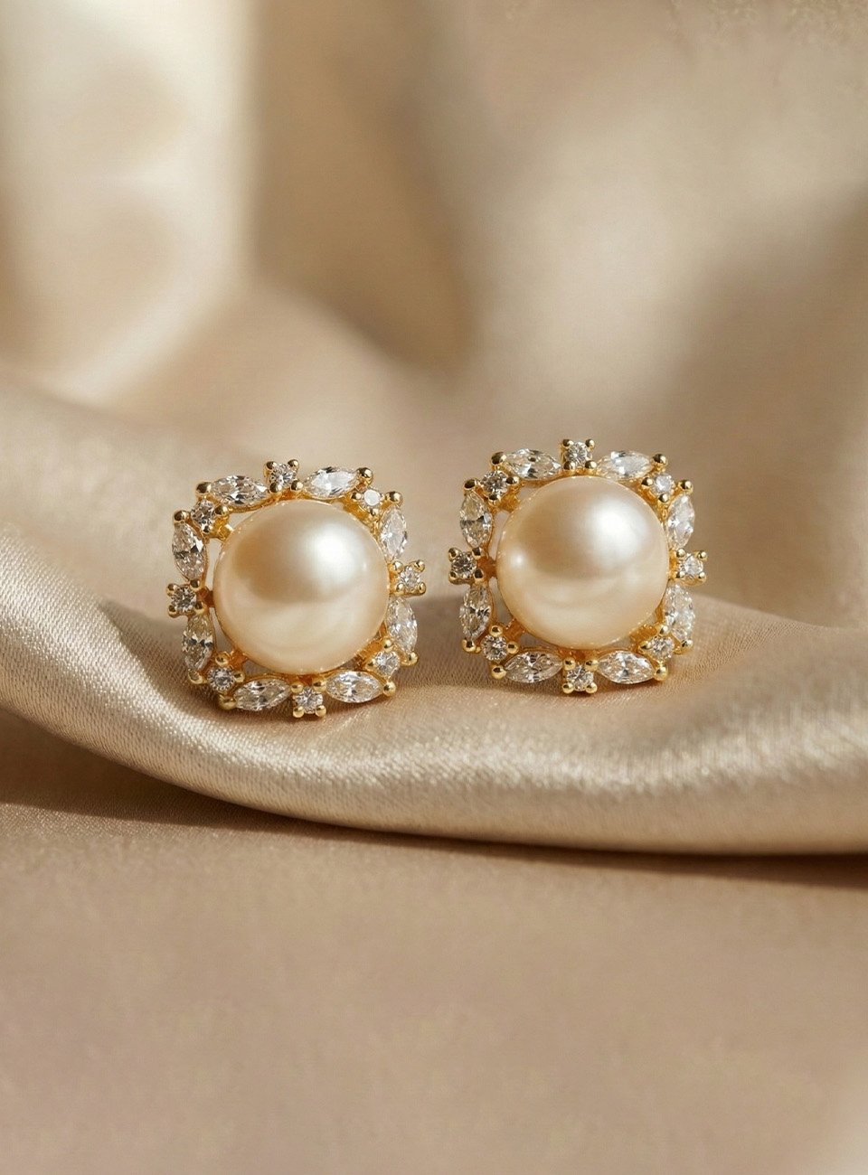 Vintage Pearl Halo Stud Earrings with Marquise Crystals