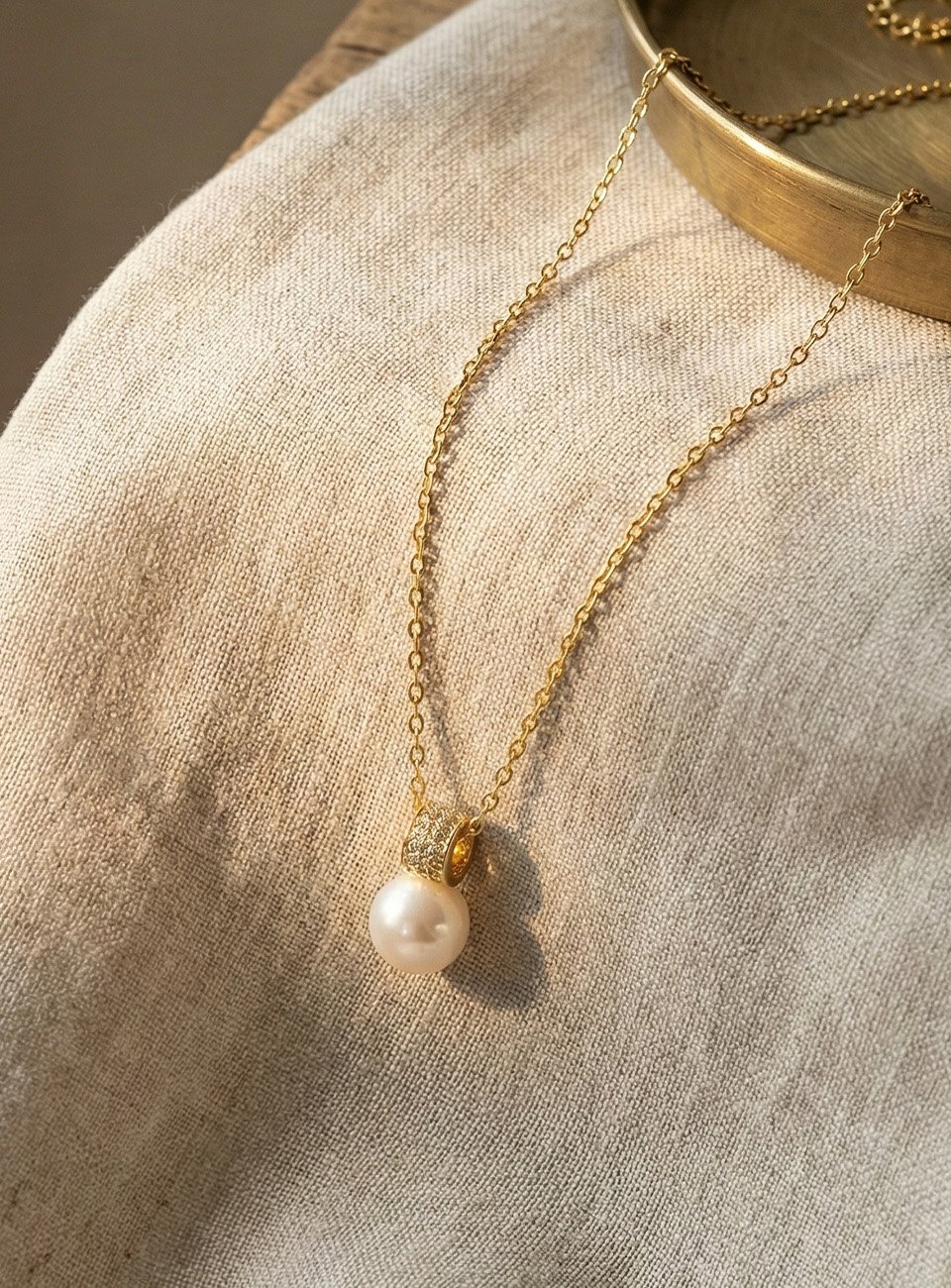 Single Pearl Pendant Necklace with Crystal-Encrusted Gold-Tone Bail