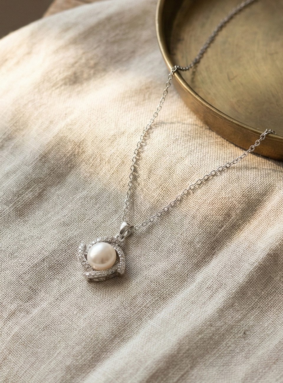 White Pearl Halo Pendant Necklace with Shimmering Crystal Border