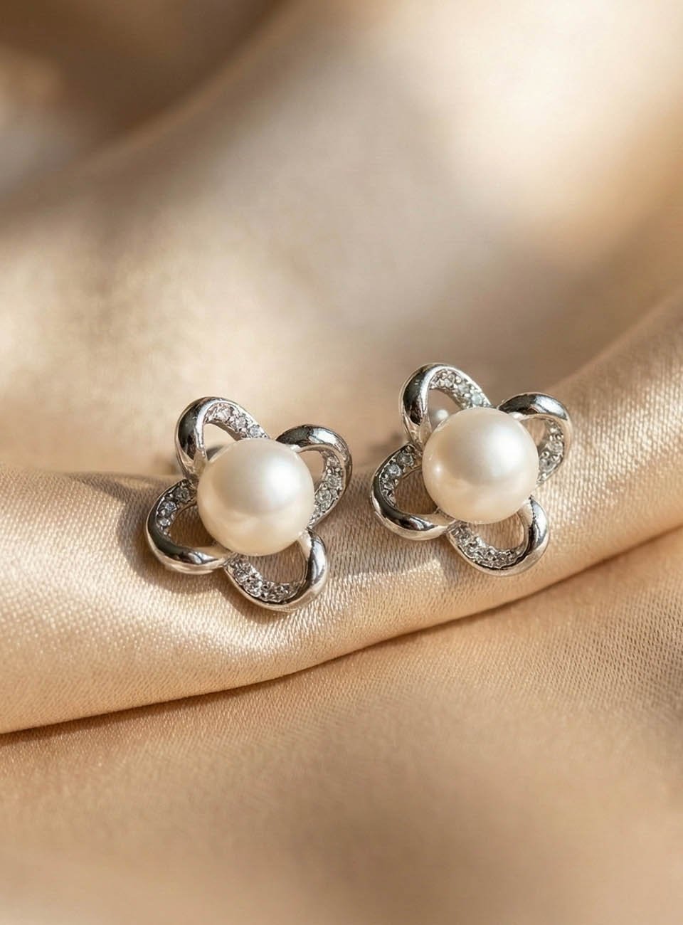 Elegant Mother of Pearl Floral Stud Earrings with Crystal Accents