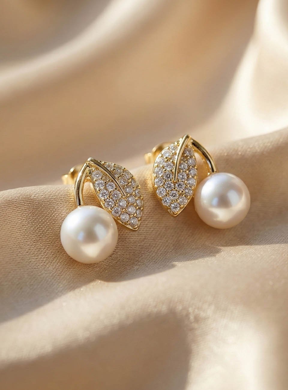 Elegant Leaf & Mother of Pearl Gold-Tone Stud Earrings