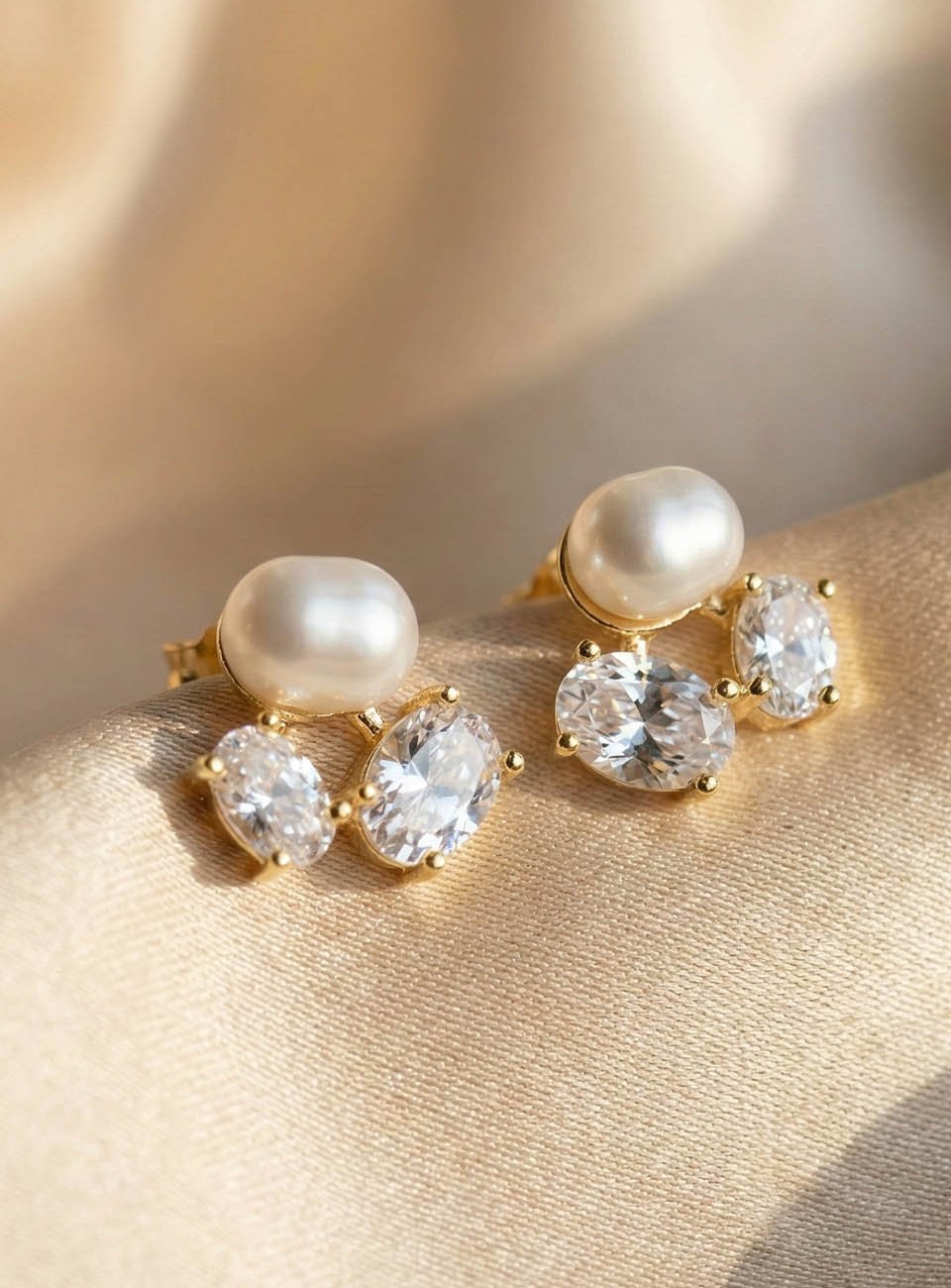 Elegant Gold-Plated Pearl Stud Earrings with Oval Crystal Accents