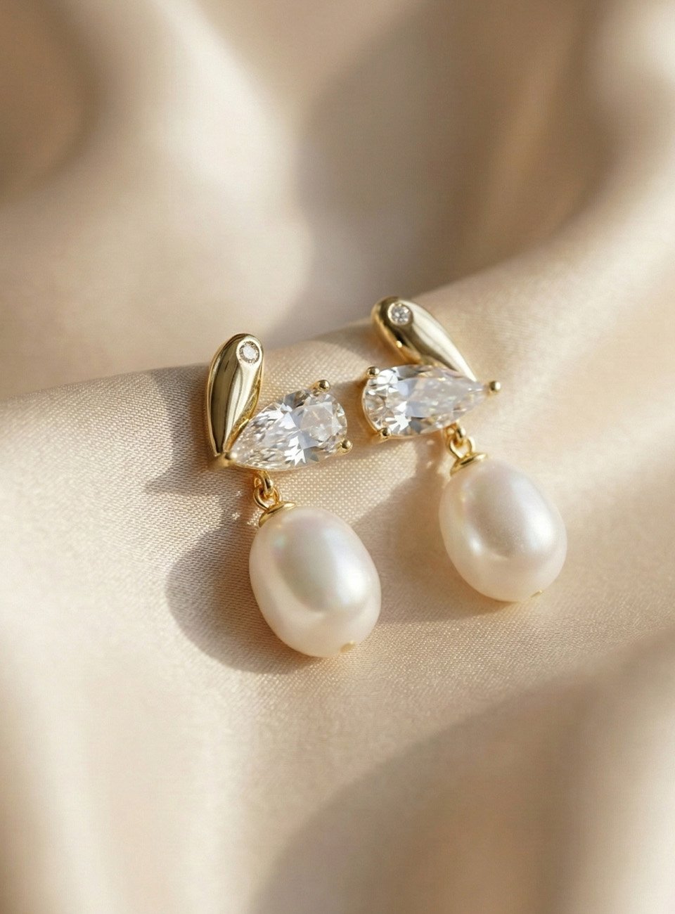 Pearl Drop Earrings with Marquise Crystal & Gold-Plated Leaf Detail – Bridal & Evening Wear