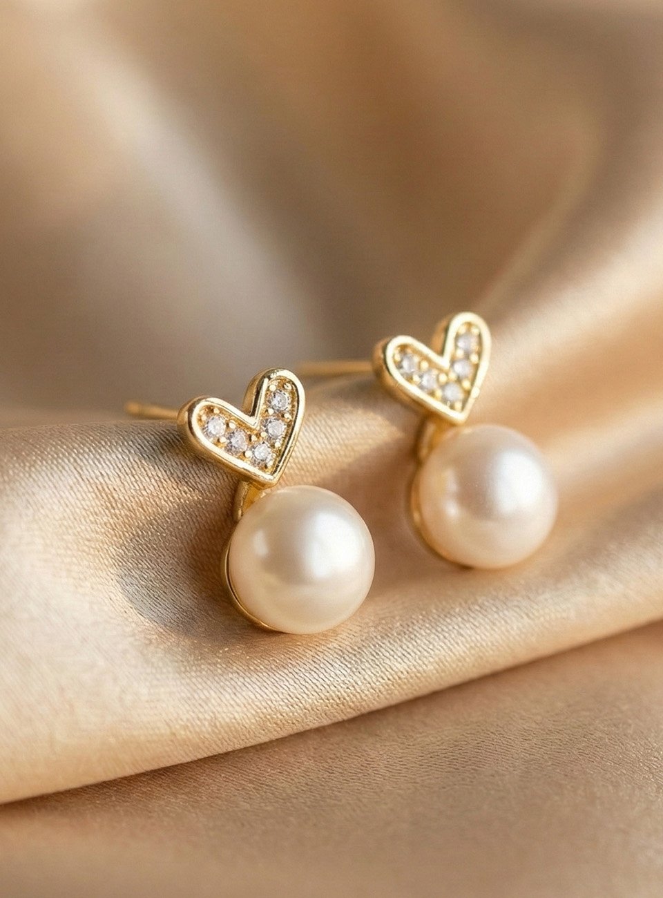 Romantic Gold-Tone Heart Studs with Pearl Charms