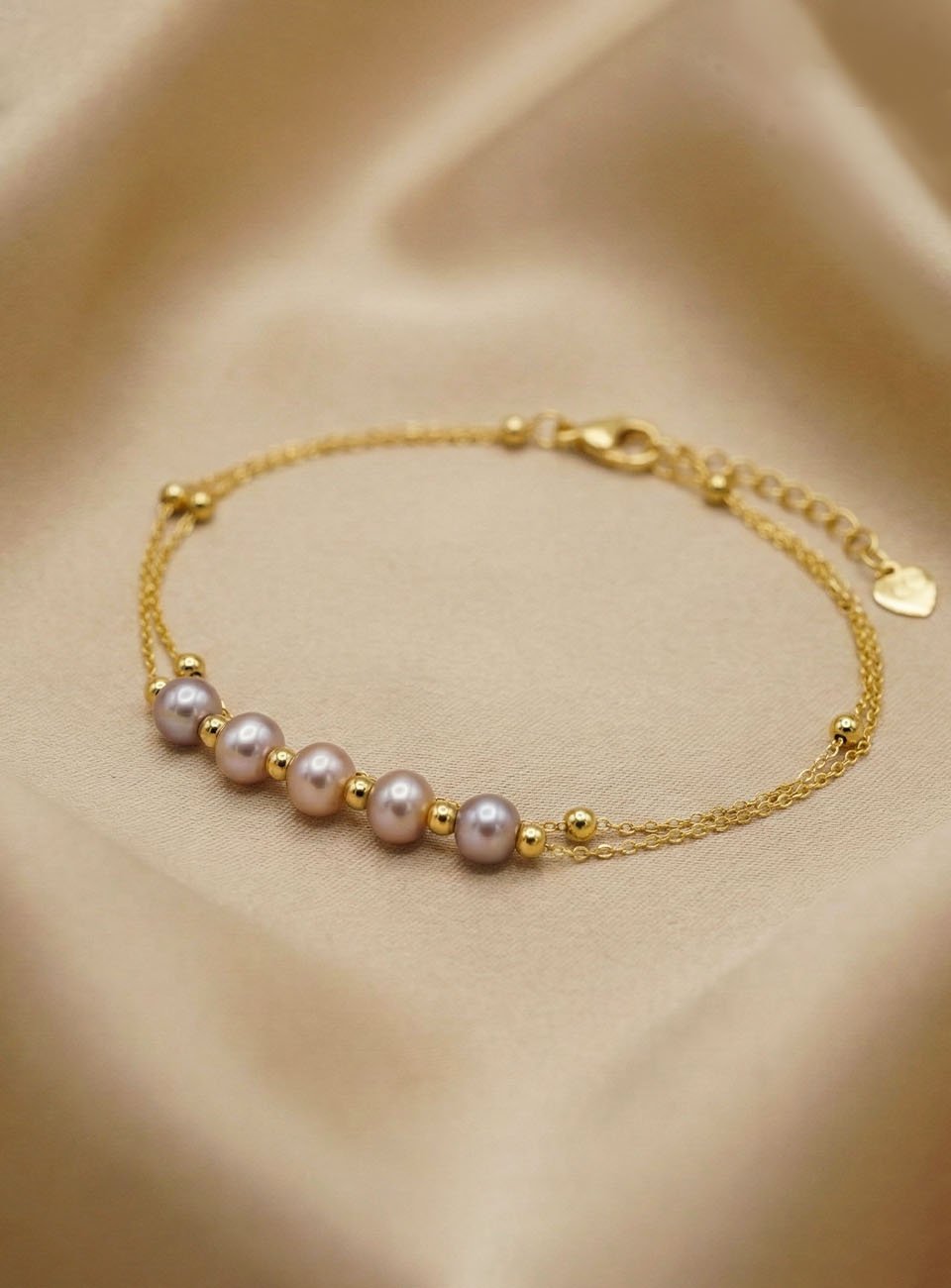 Mauve Pearl Double-Layer Bracelet with Heart Charm