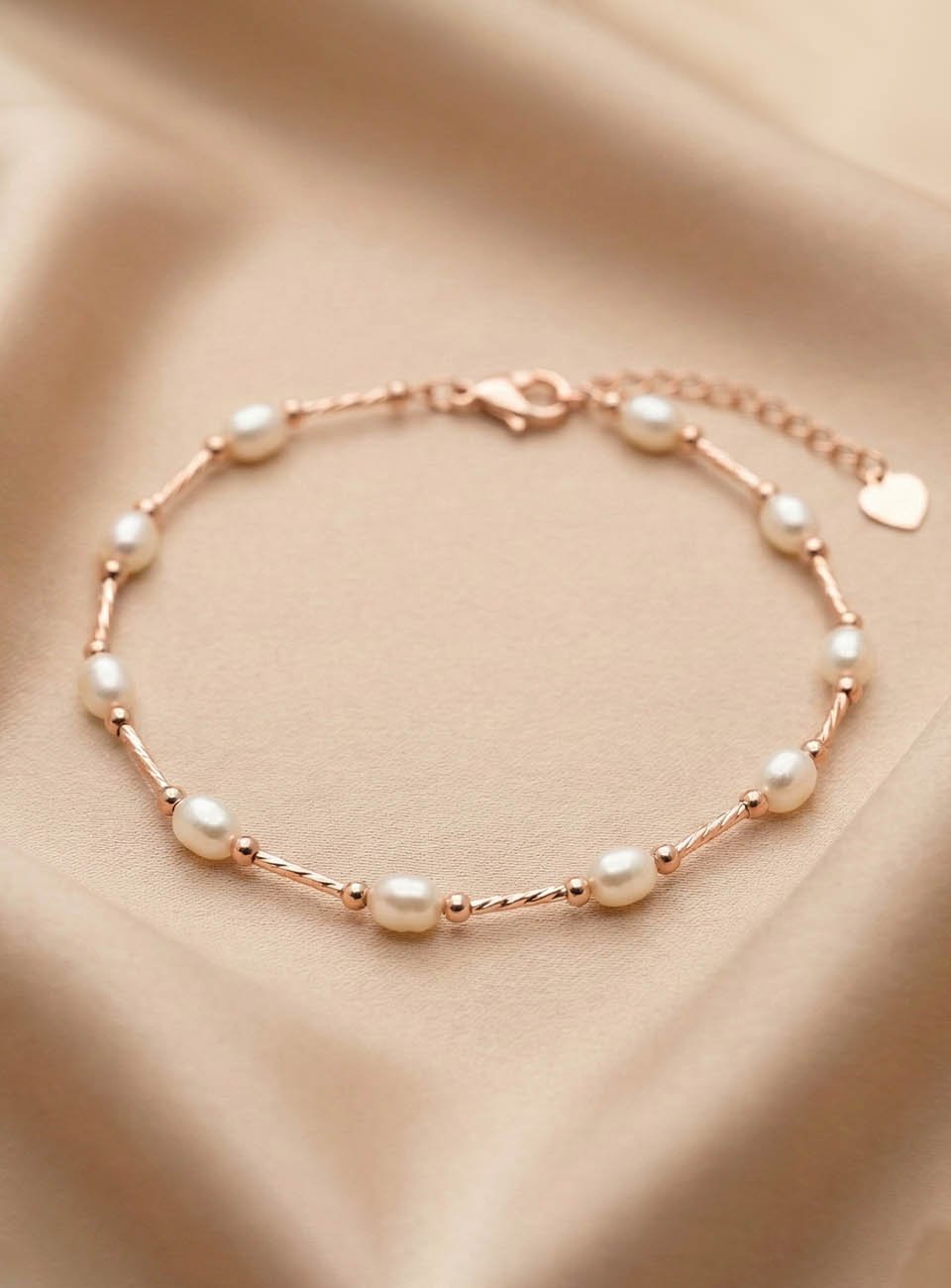 Elegant Rose Gold & Freshwater Pearl Bracelet with Heart Charm
