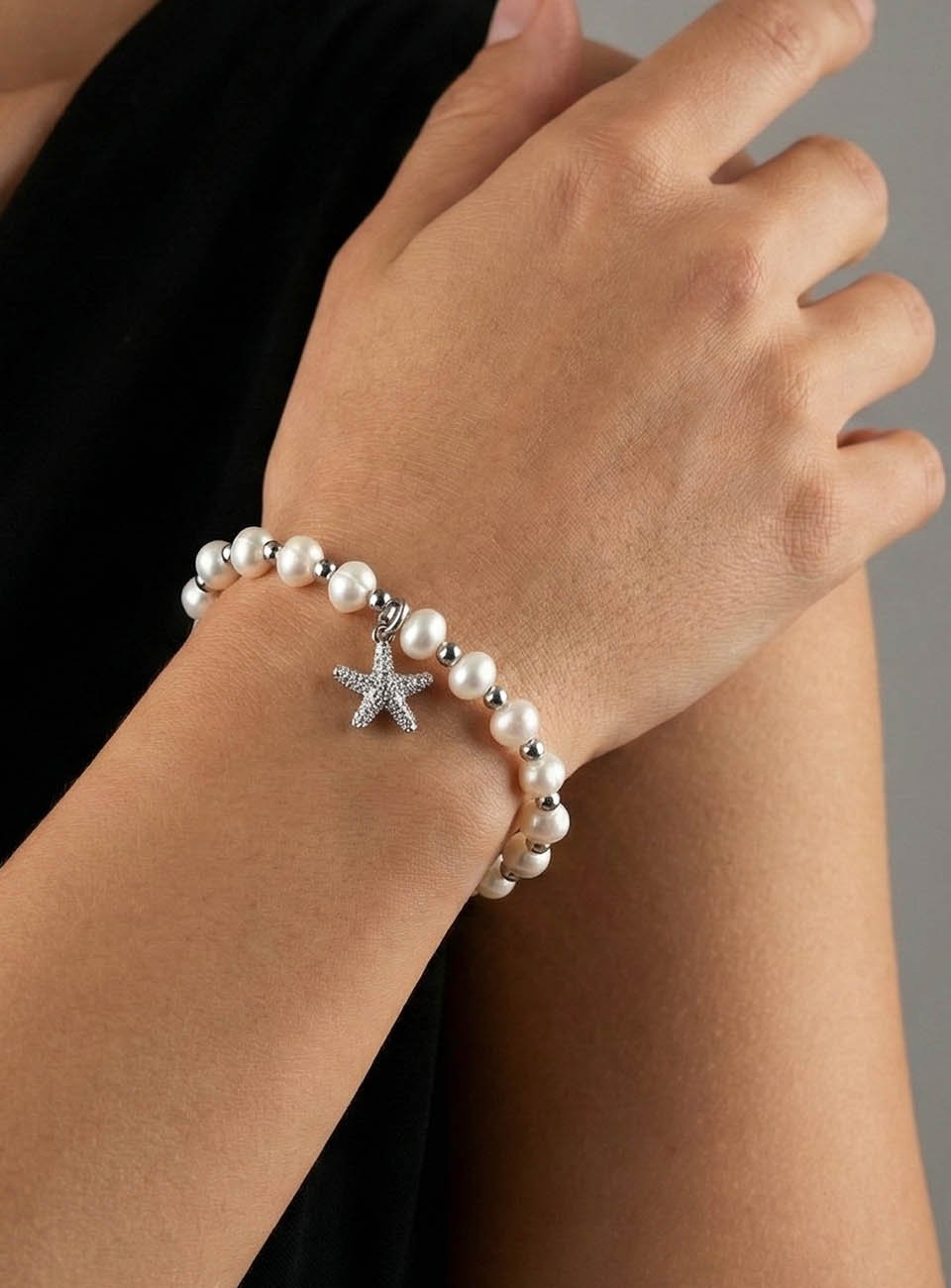 Pearl Bracelet with Sparkling Starfish Charm - Silver Toned