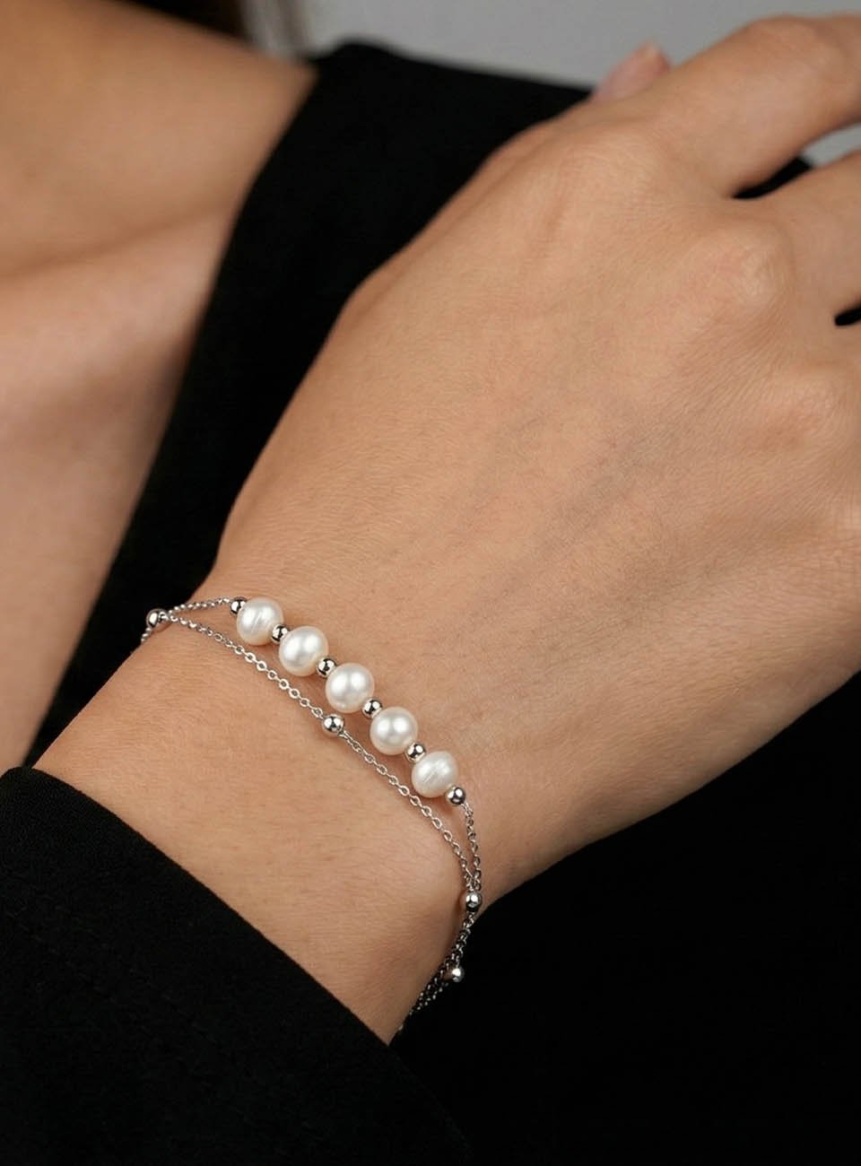 Double-Layered White Pearl & Silver Bead Bracelet for Women
