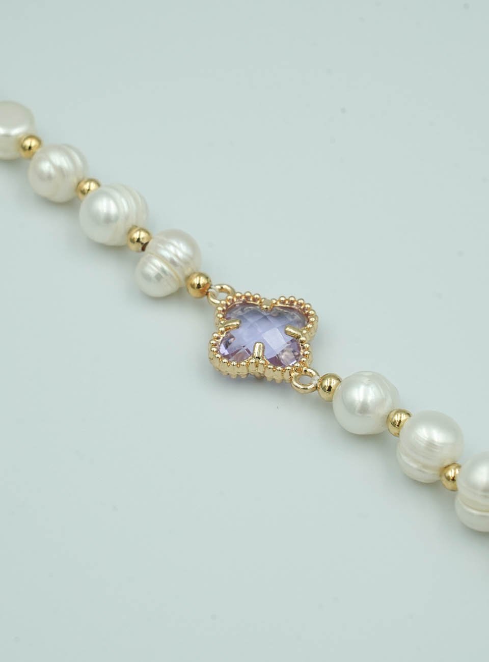Elegant Mother of Pearl Bracelet with Lavender Clover Charm