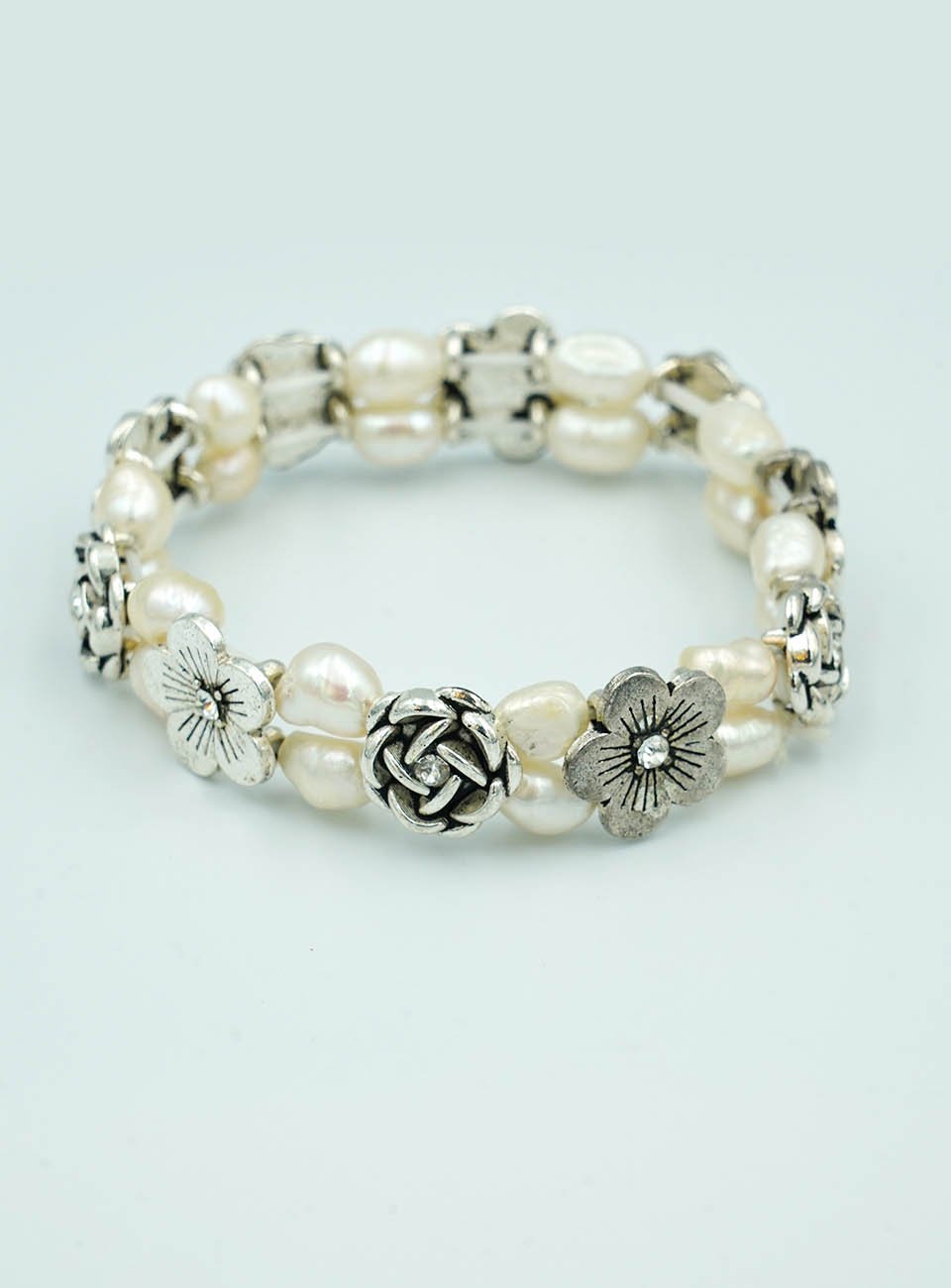 Antique Style Pearl Bracelet with Crystal-Studded Floral Charms