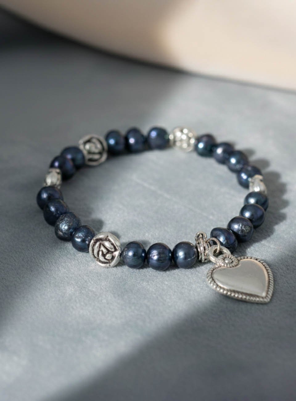 Midnight Rose & Heart Cultured Pearl Charm Bracelet
