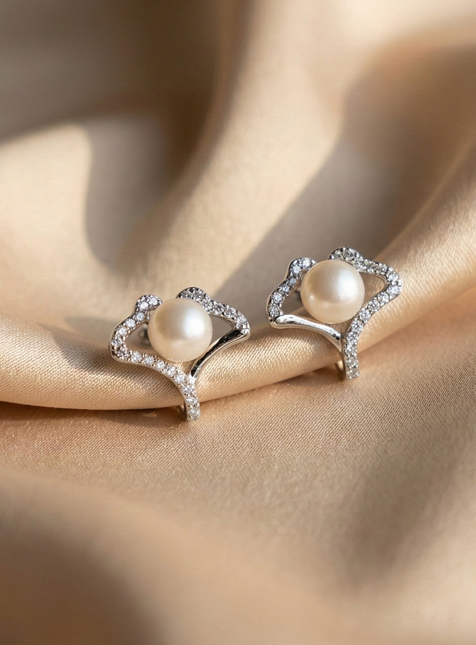 Ginkgo Leaf Pearl Stud Earrings – Sterling Silver Finish with CZ Accents
