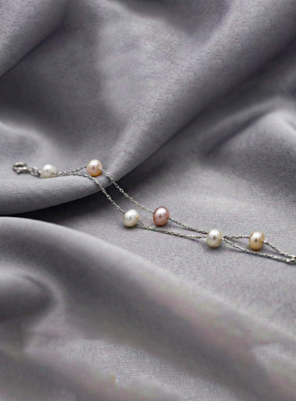 Multi-Tone Freshwater Pearl Double Layer Bracelet in Sterling Silver