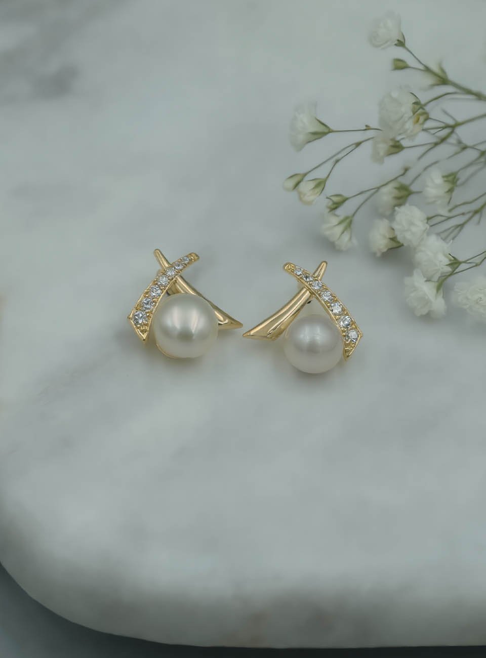 Criss-Cross Pearl Stud Earrings with Zirconia Accents