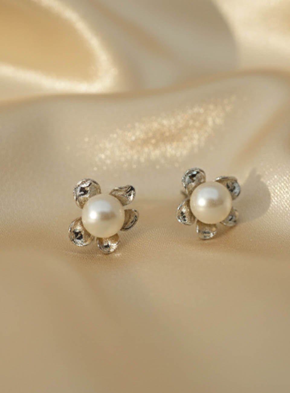 Bloom Pearl Stud Earrings – Sterling Silver Floral Design