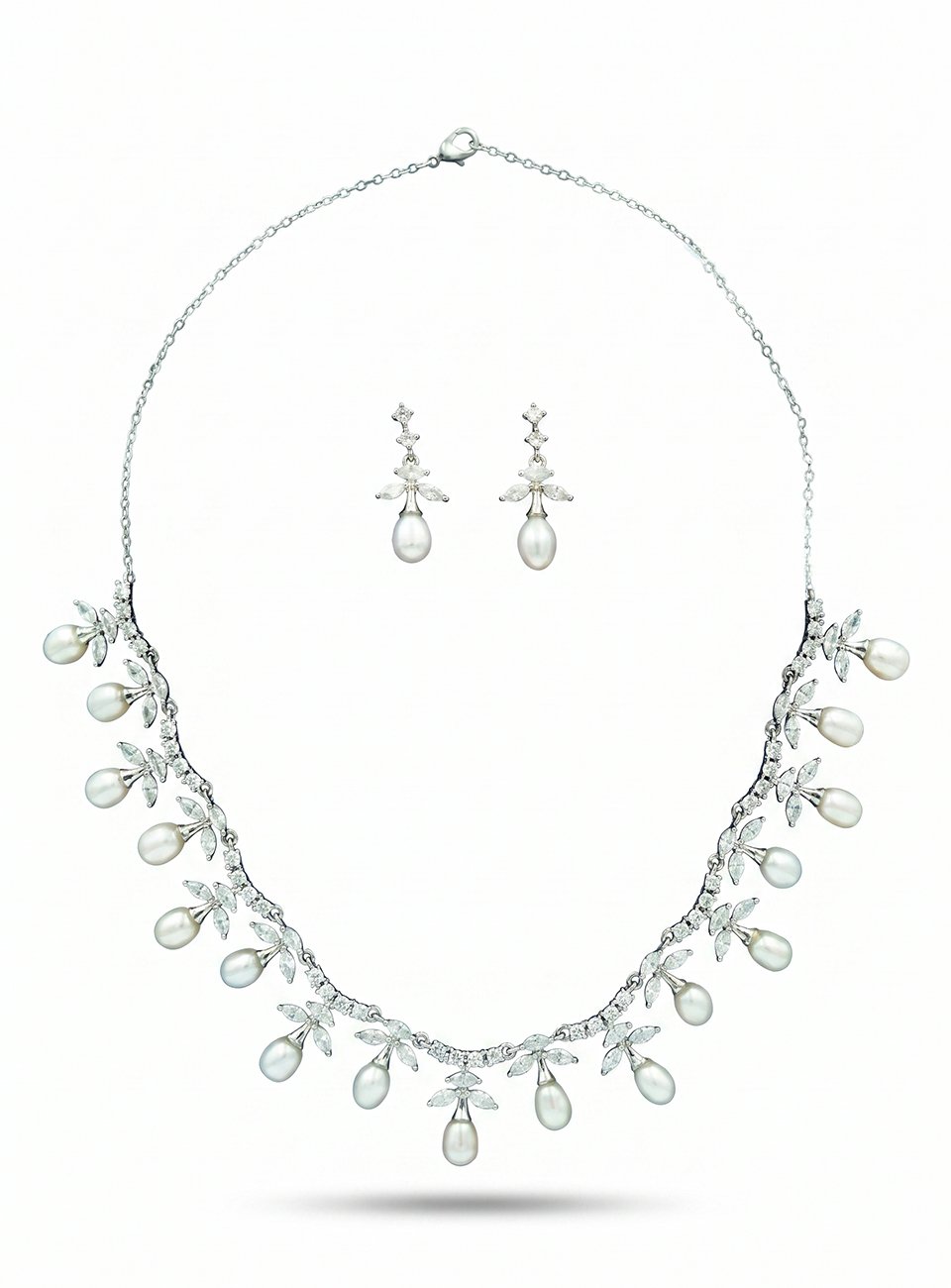 Luxury Mother of Pearl & Cubic Zirconia Necklace Set – Silver Tone Floral Drop Pearl Necklace with Matching Earrings