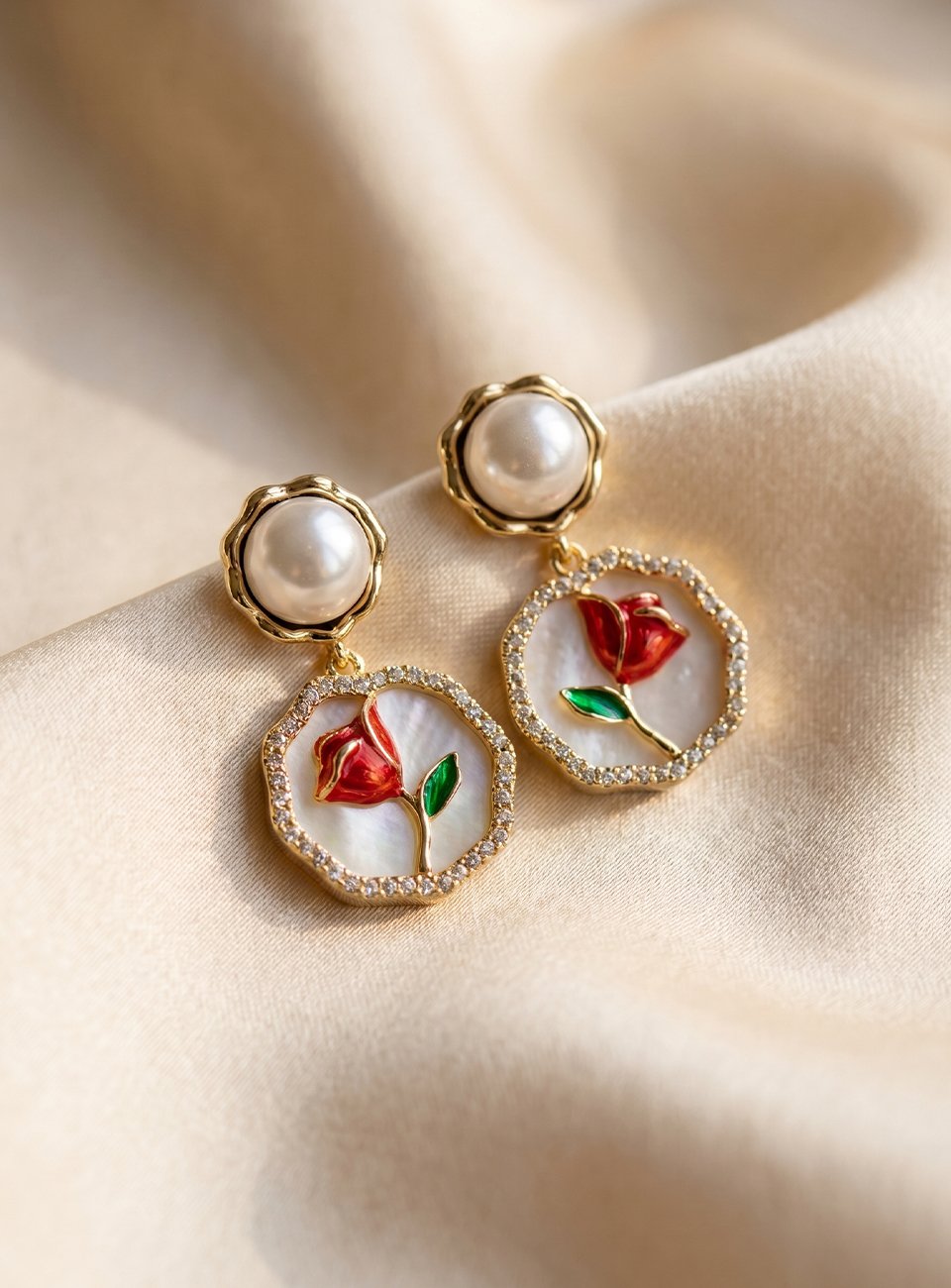 Vintage-Inspired Mother of Pearl Red Rose Dangle Earrings – Gold Plated Elegant Pearl Drop Earrings
