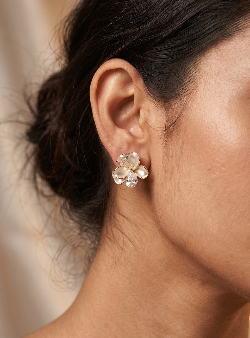 Elegant Mother of Pearl Floral Stud Earrings with Marquise & Pear Crystals
