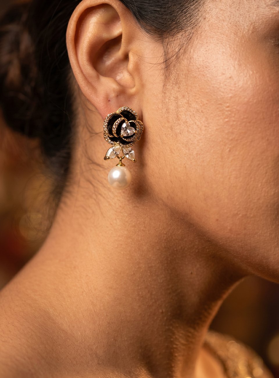 Midnight Rose Pearl Drop Earrings – Black Enamel & Crystal Floral Earrings