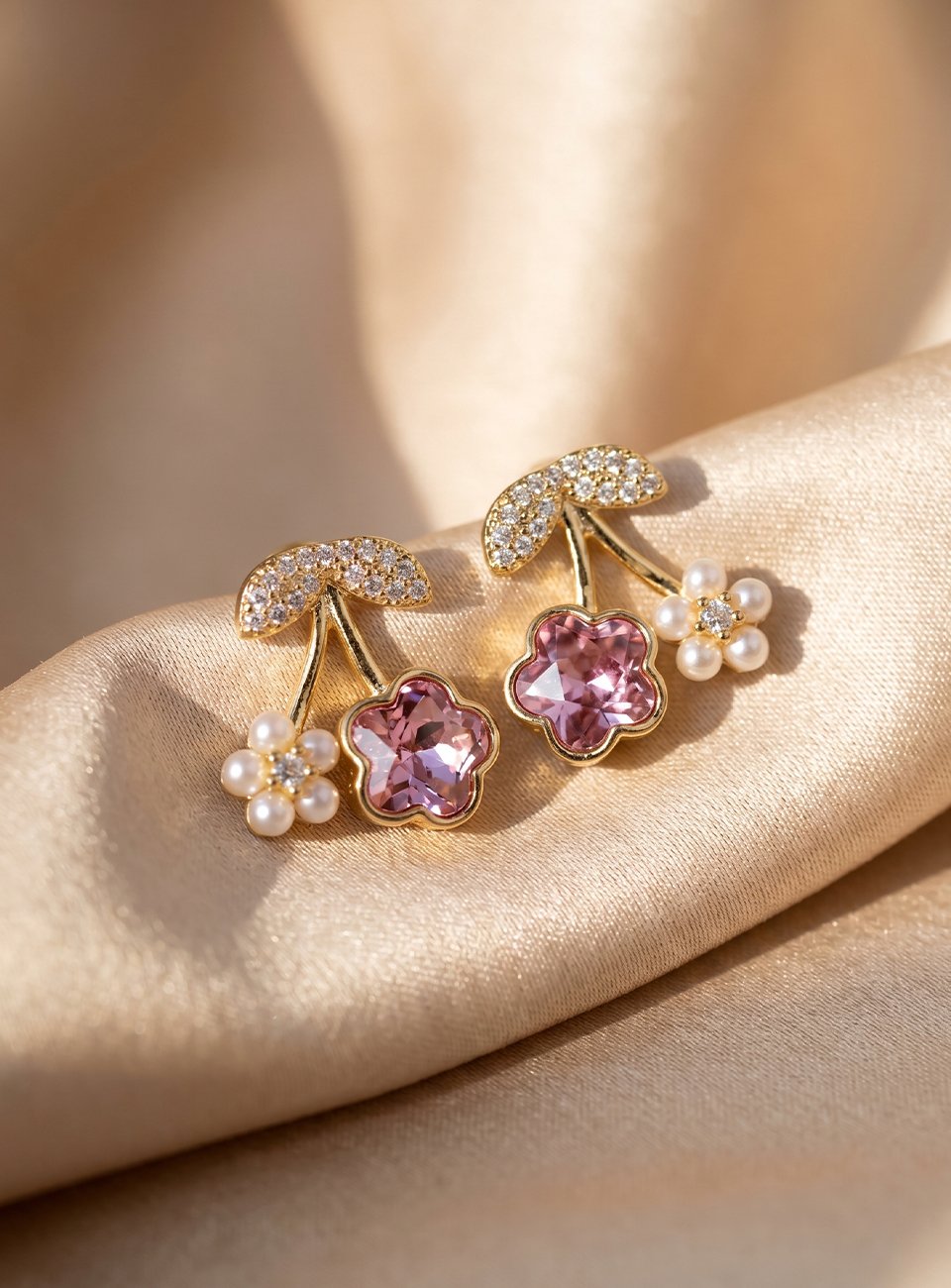 Sweet Cherry Pink Crystal Earrings – Mother of Pearl Flower & CZ Accents