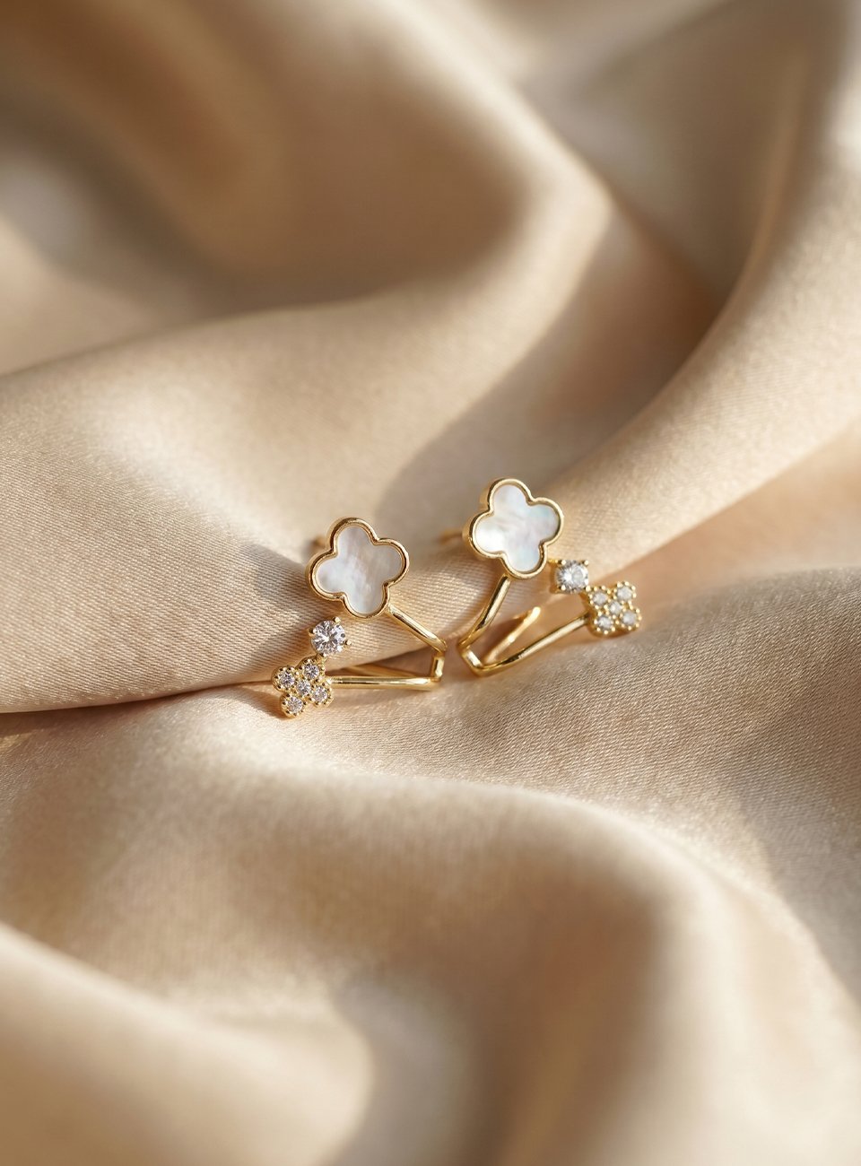 18K Gold Plated Mother of Pearl and Cubic Zirconia Clover Ear Cuffs