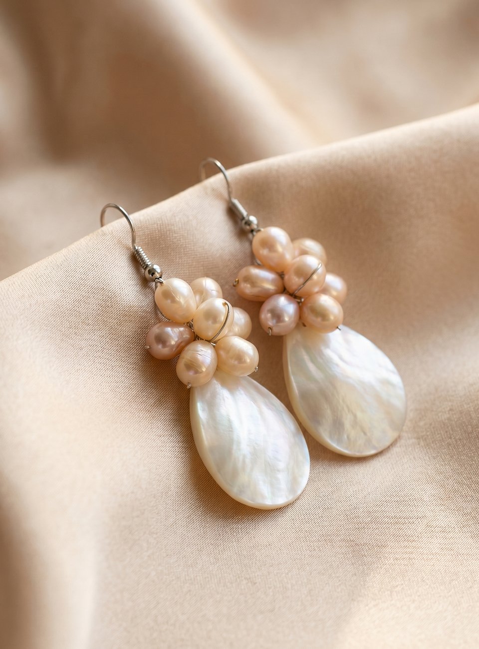 Natural Mother of Pearl Teardrop Earrings with Baroque Fresh Water Pearl Cluster – Elegant Drop Earrings for Women