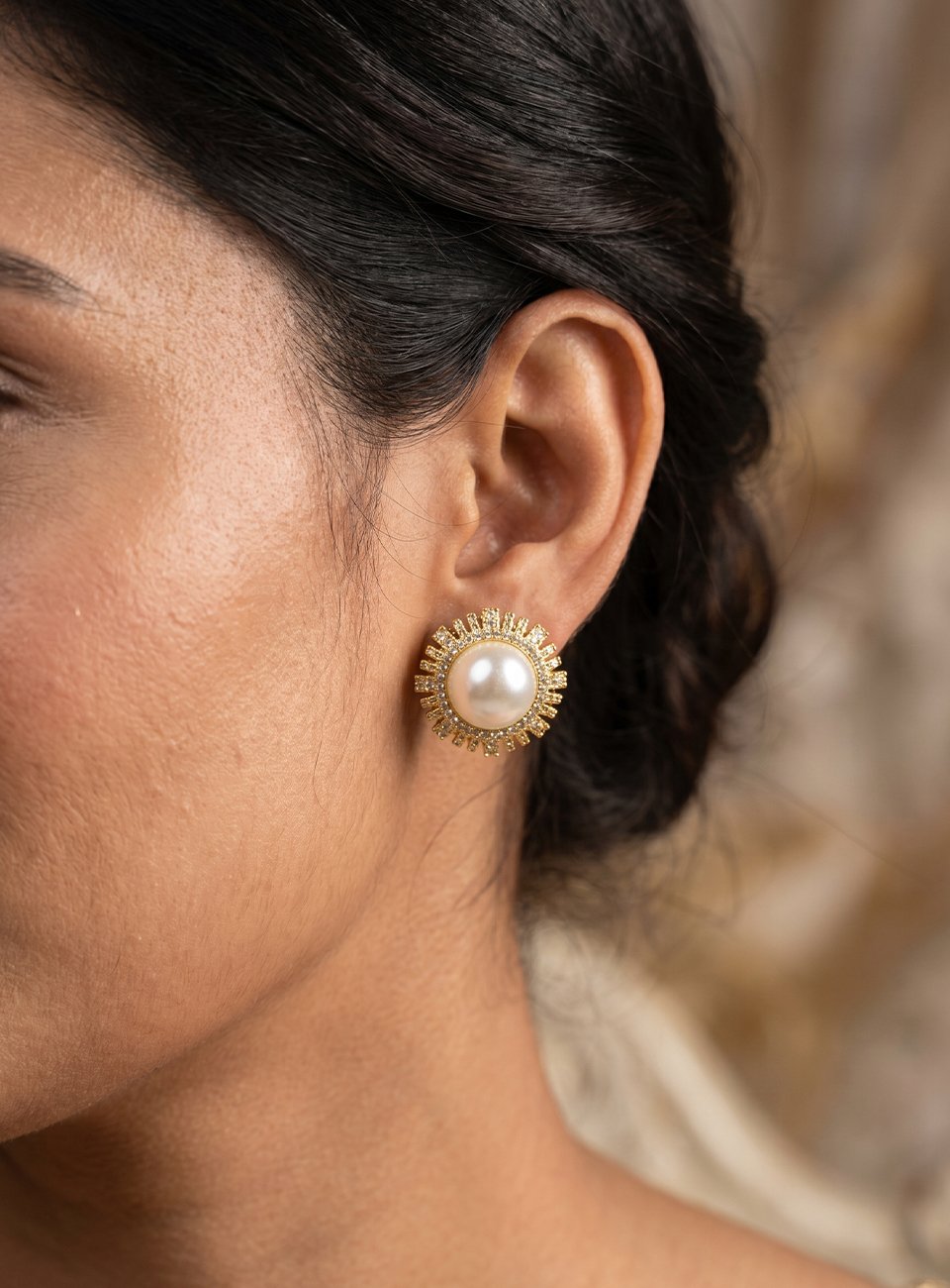 Luxury Mother of Pearl Sunburst Stud Earrings for Women – Gold Plated Celestial Pearl Earrings with Cubic Zirconia Halo