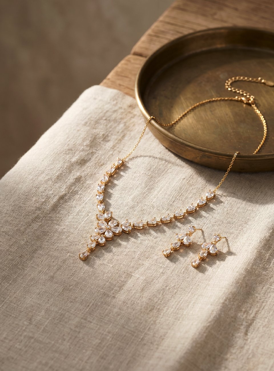 Luxury Floral Mother of Pearl Necklace and Drop Earrings Set - Gold Plated Bridal & Evening Jewelry Set