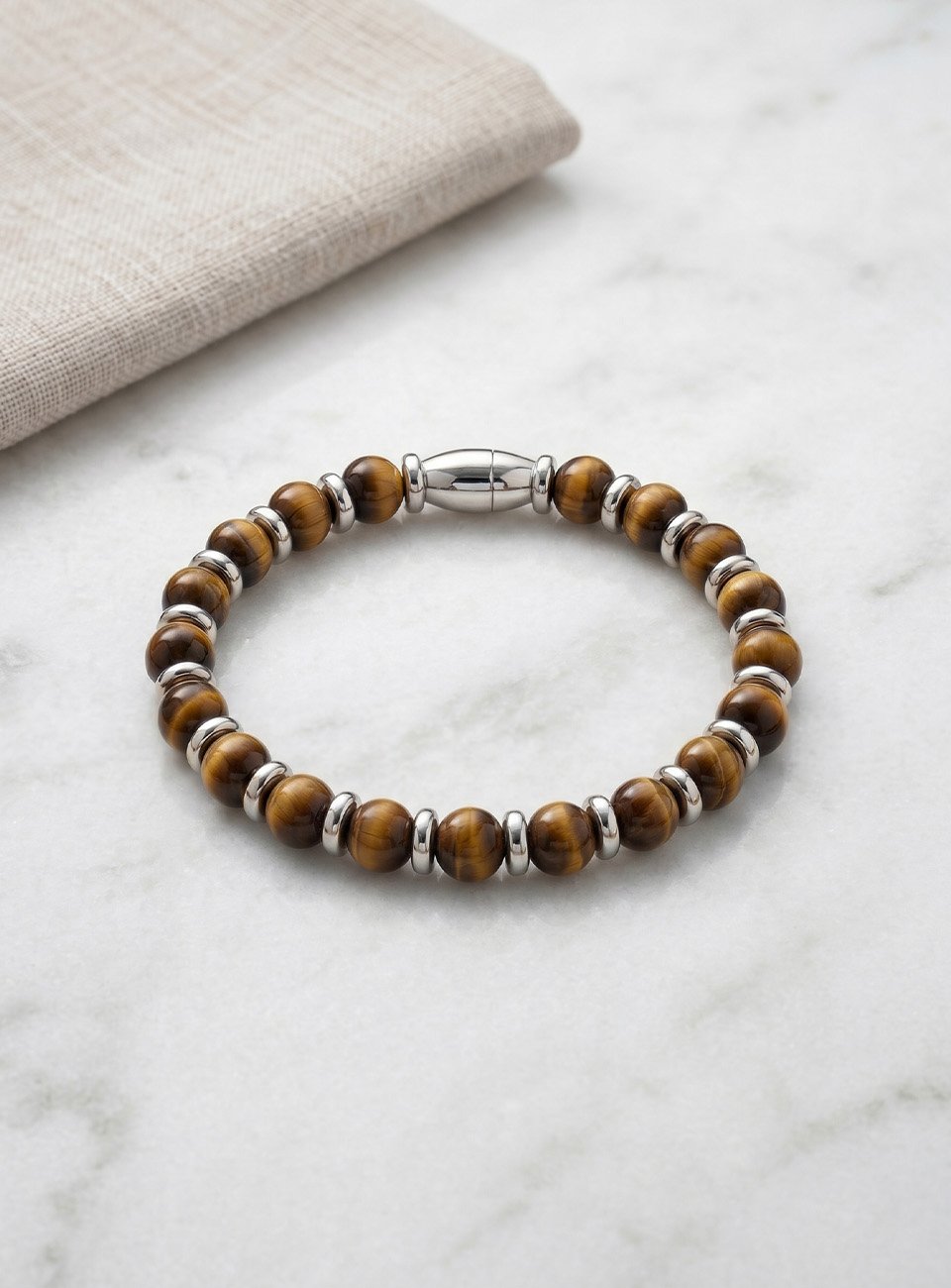 Men's Tiger's Eye Beaded Bracelet with Stainless Steel Accents