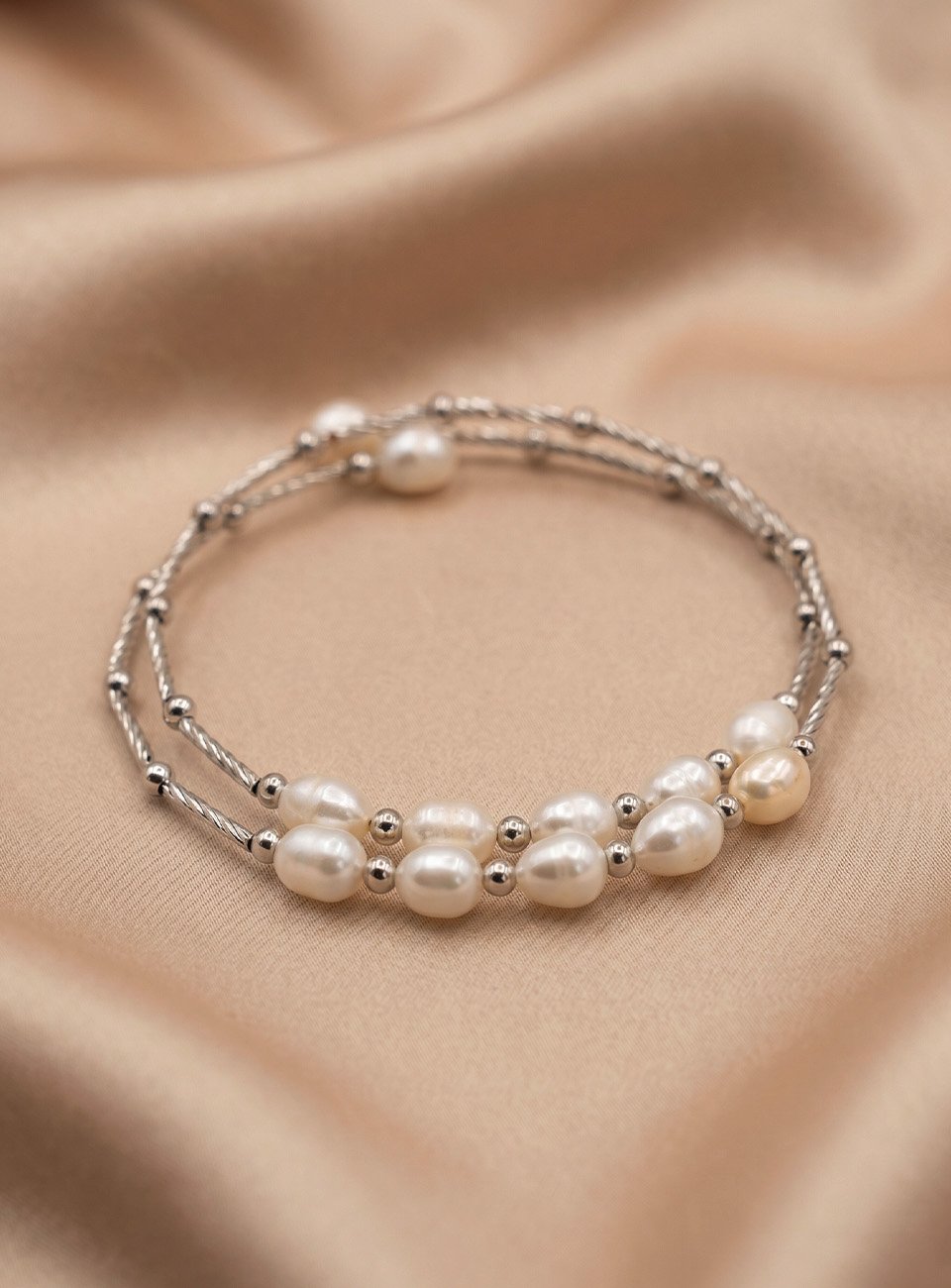 Elegant Freshwater Pearl Double-Layer Wrap Bracelet – Silver-Toned Twisted Cuff Bangle