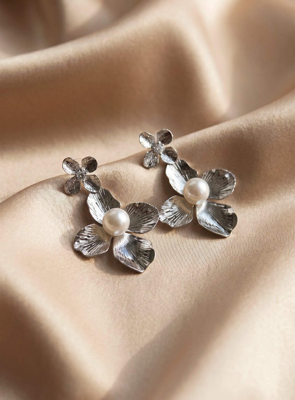 Blossom Pearl Drop Earrings – Textured Silver Floral Dangle Earrings