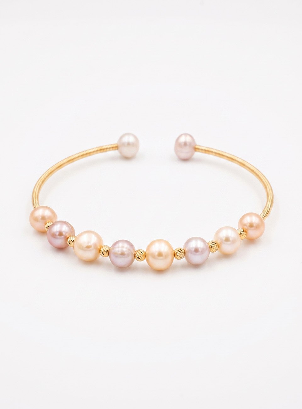 Flexible Gold Open Bangle with Pastel Pearls – Pink, Cream, and White Pearl Bracelet