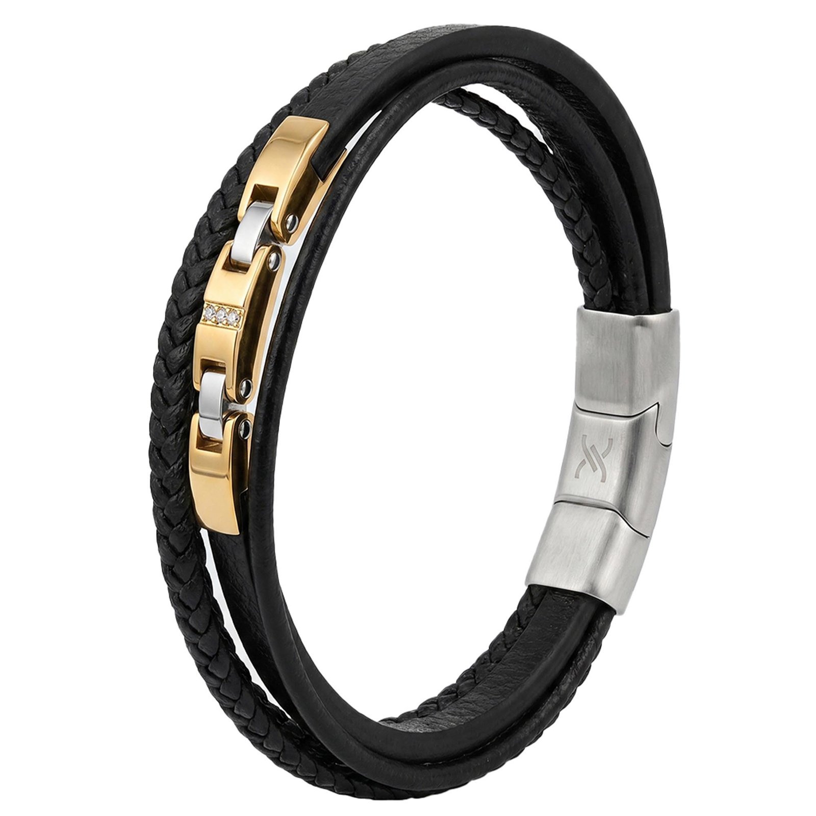 Daniel Klein Men's Braided Black Leather Layered Bracelet with Two-Tone Gold & Silver Magnetic Clasp