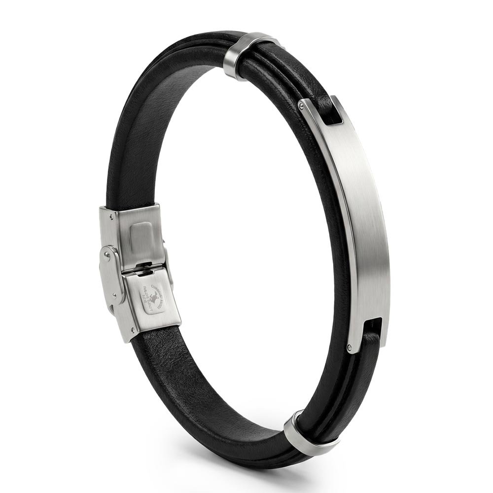 Santa Barbara Polo & Racquet Club Men's Premium Black Leather & Stainless Steel ID Bracelet