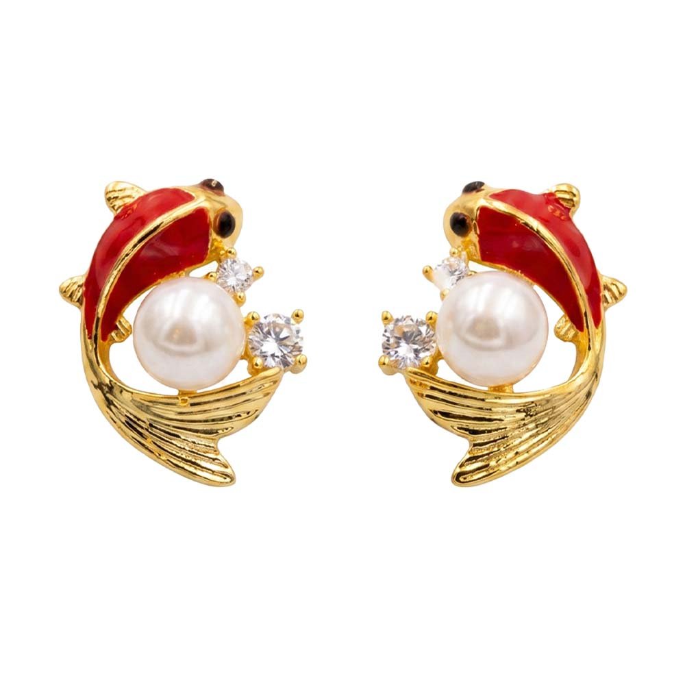 18K Gold Plated Stainless Steel Koi Fish Stud Earrings with Mother of Pearl and Cubic Zirconia – Lucky Red Carp Jewelry for Women