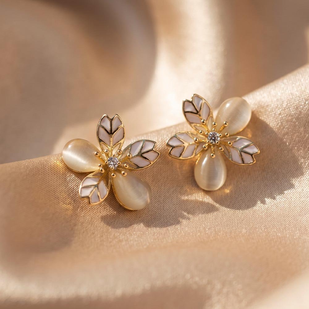 Elegant Flower Stud Earrings with Mother of Pearl and Cat's Eye Stone in 18K Gold Plated Stainless Steel