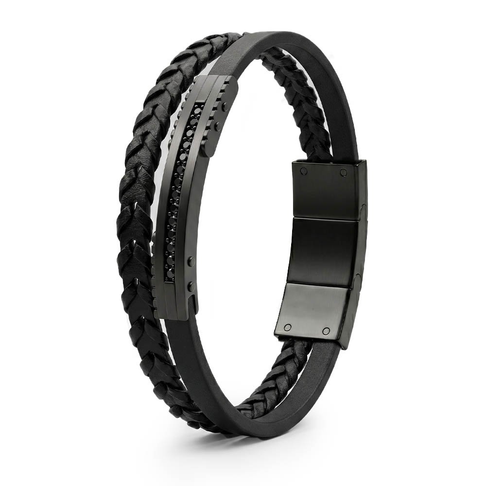 Daniel Klein Men's Premium Dual-Strand Black Leather and Stainless Steel Bracelet with Zircon Stones
