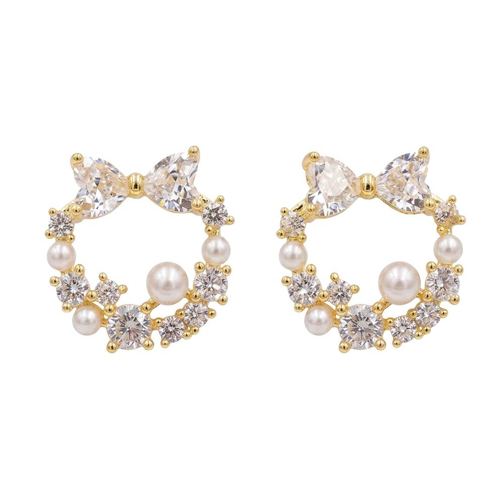 18K Gold Plated Bow Wreath Stud Earrings with Cubic Zirconia and Mother of Pearl Pearls – Surgical Steel Posts