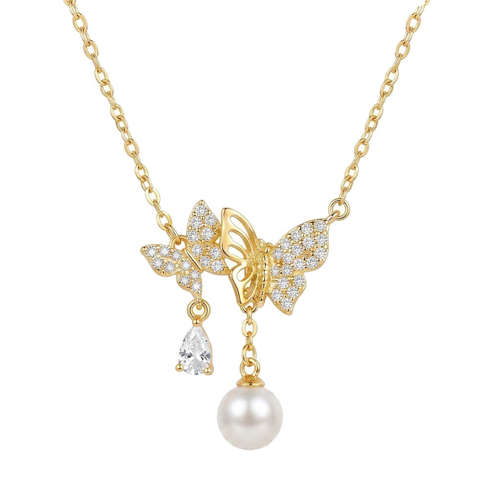 18K Gold Plated Stainless Steel Butterfly Pendant Necklace for Women – Mother of Pearl & Cubic Zirconia Dangle Charm Necklace