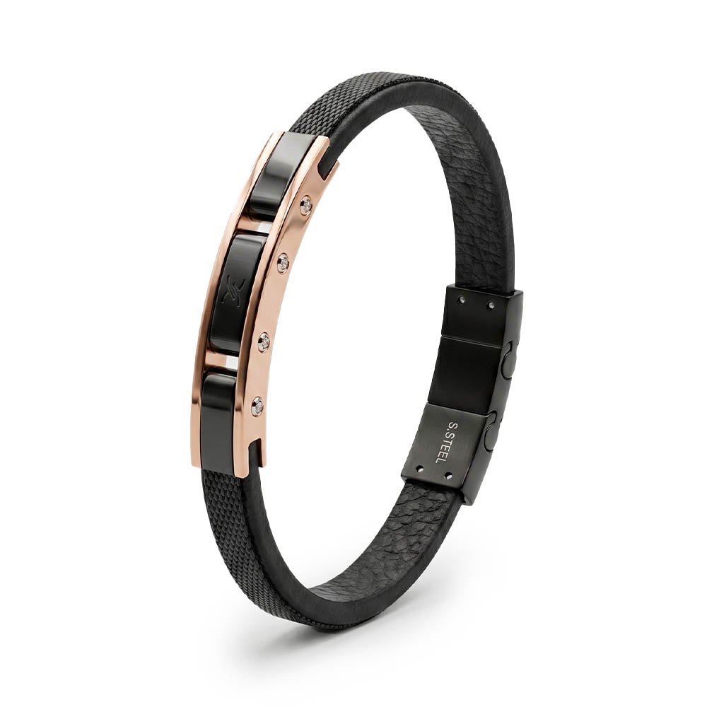 Daniel Klein Premium Men's Leather Bracelet - Rose Gold Plated Stainless Steel with Ceramic & Cubic Zirconia, Magnetic Clasp
