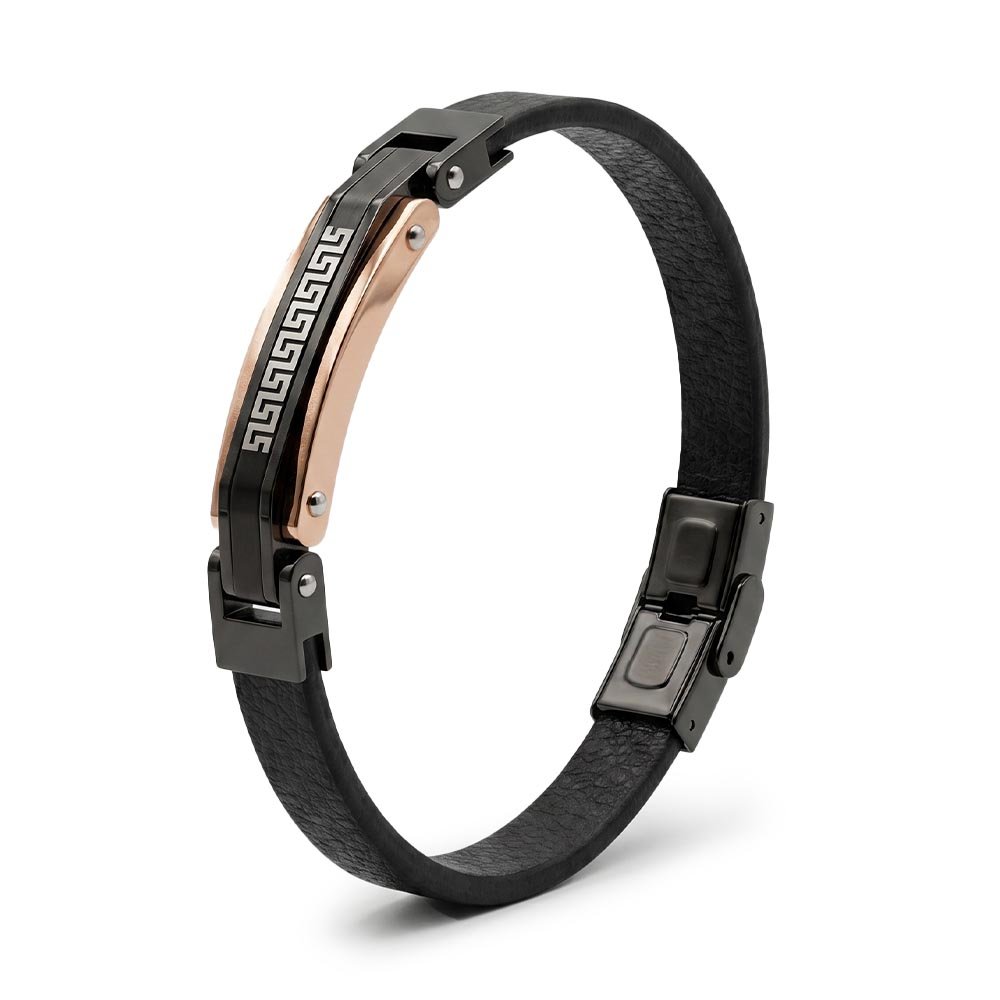 Daniel Klein Premium Men's Leather Bracelet – Black & Rose Gold Stainless Steel with Greek Key Motif & Secure Clasp