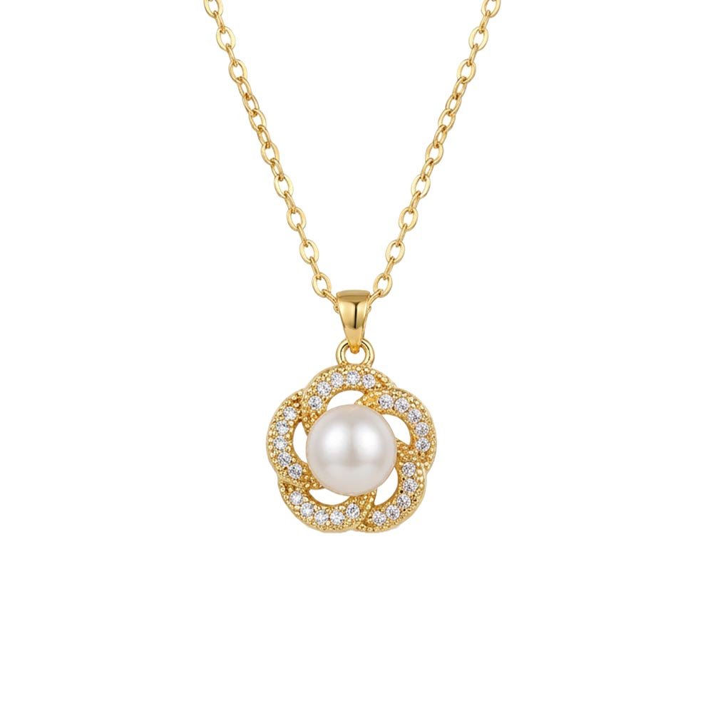 14K Gold Plated Flower Pendant Necklace with Genuine Mother of Pearl & Pavé Cubic Zirconia
